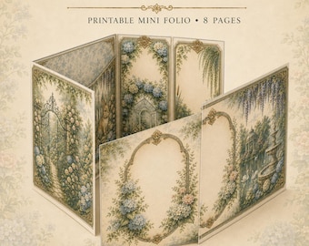 Mini-Folio zum Ausdrucken für ein Junk Journal: 8-seitiges Vintage-Set im botanischen Cottagecore-Stil mit Taschen, Etiketten und Umschlägen
