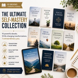Puede incluir: Colección de libros electrónicos de autoayuda, con títulos como "The Confident Mindset" y "Design Your Life". La imagen presenta una tableta y varios libros con temas motivacionales. El texto dice "A Better Life Forever."