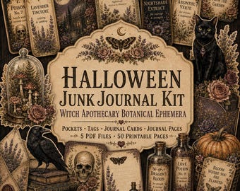 Halloween Junk Journal Kit, Witch Apothecary Botanical Ephemera, Vintage Printable Pockets, Tags & Journal Pages