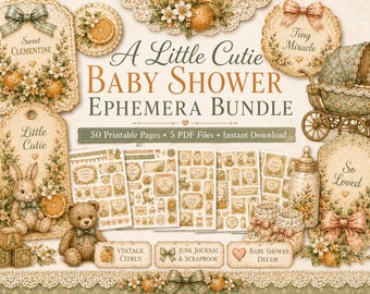 50-Page Printable Vintage Baby Junk Journal Kit: Little Cutie Citrus Ephemera, Nursery Tags & Pockets