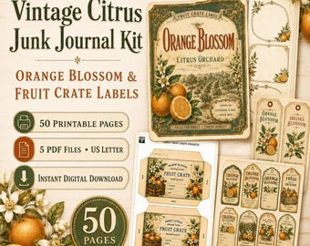 Vintage-Zitrus-Junk-Journal-Set, Orangenblüten-Ephemera, Obstkisten-Etiketten, Botanisches Druckset