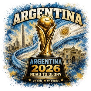 Op de afbeelding: Een grafisch ontwerp met een gouden voetbaltrofee boven de tekst ARGENTINA 2026 ROAD TO GLORY UN PA&Iacute;S UN SUE&Ntilde;O. De achtergrond bevat de Argentijnse vlag, de Obelisco de Buenos Aires en de Casa Rosada in blauwe en gouden kleuren.