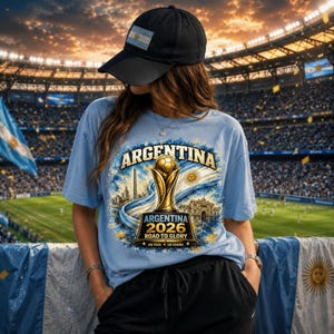 Op de afbeelding: Een lichtblauw T-shirt met een afbeelding van de FIFA Wereldbeker, de tekst "ARGENTINA 2026 ROAD TO GLORY" en een zwarte baseballpet met een Argentijnse vlagpatch. Het ontwerp bevat een gestileerde zon en diverse architecturale elementen.
