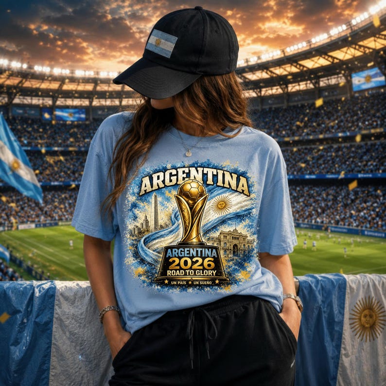 Op de afbeelding: Een lichtblauw T-shirt met een afbeelding van de FIFA Wereldbeker, de tekst "ARGENTINA 2026 ROAD TO GLORY" en een zwarte baseballpet met een Argentijnse vlagpatch. Het ontwerp bevat een gestileerde zon en diverse architecturale elementen.