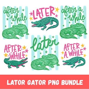 Può includere: Un pacchetto di arte digitale con sei illustrazioni di alligatori in varie pose. Il testo include frasi come "After a While" e "Later", con accenti di stelle. La tavolozza dei colori include verde, rosa e verde acqua.