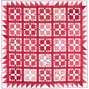 May include: A red and white quilt with a repeating pattern of a four-pointed star. The quilt is made up of many different fabrics with various red and white patterns.
