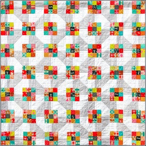May include: A white quilt with a checkered pattern and colorful patchwork squares. The quilt is made up of a grid of squares, with each square containing a different pattern of fabric. The quilt is a vibrant and colorful piece of artwork.