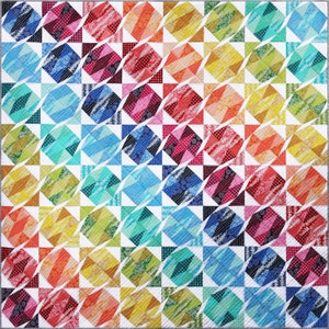 May include: A colorful quilt with a geometric pattern of squares and triangles. The quilt is made up of a variety of bright colors, including red, orange, yellow, green, blue, and purple. The quilt is arranged in a diagonal pattern, with the colors gradually changing from one side to the other.