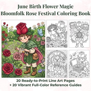 May include: June Birth Flower Magic Bloomfolk Rose Festival Coloring Book featuring 20 ready-to-print line art pages and 20 vibrant full-color reference guides. The cover displays a character with a rose hat in a garden with red roses.