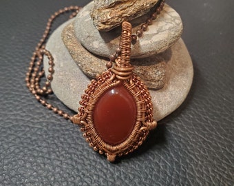 Handcrafted Carnelian Pendant, Copper Wire Wrapped Gemstone Jewelry