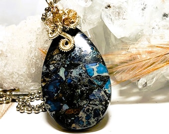 Sapphire Blue Sea Sediment JASPER Pendant Gemstone Necklace Handcrafted Jewelry Crystal Shop Gift for Her Wire Wrap Beads ST131