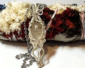 Handmade Wire Wrapped Moonstone Pendant Necklace, Silver Coated Chain