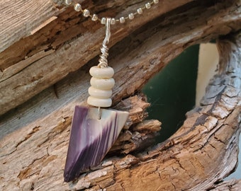 Handmade Wampum Necklace: Buffalo Bone & Quahog Pendant, 24" Silver Chain