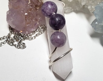Selenite Lepidolite Double Point Pendant, Crystal Healing, Crystal Necklace, Wire Wrapped Crystal Necklace, PT35
