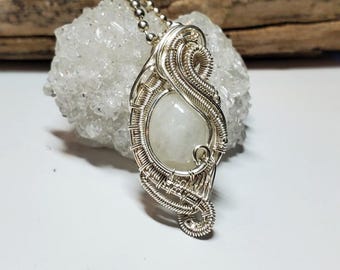 Wire Wrapped Moonstone Pendant Necklace, Handmade Gem Jewelry