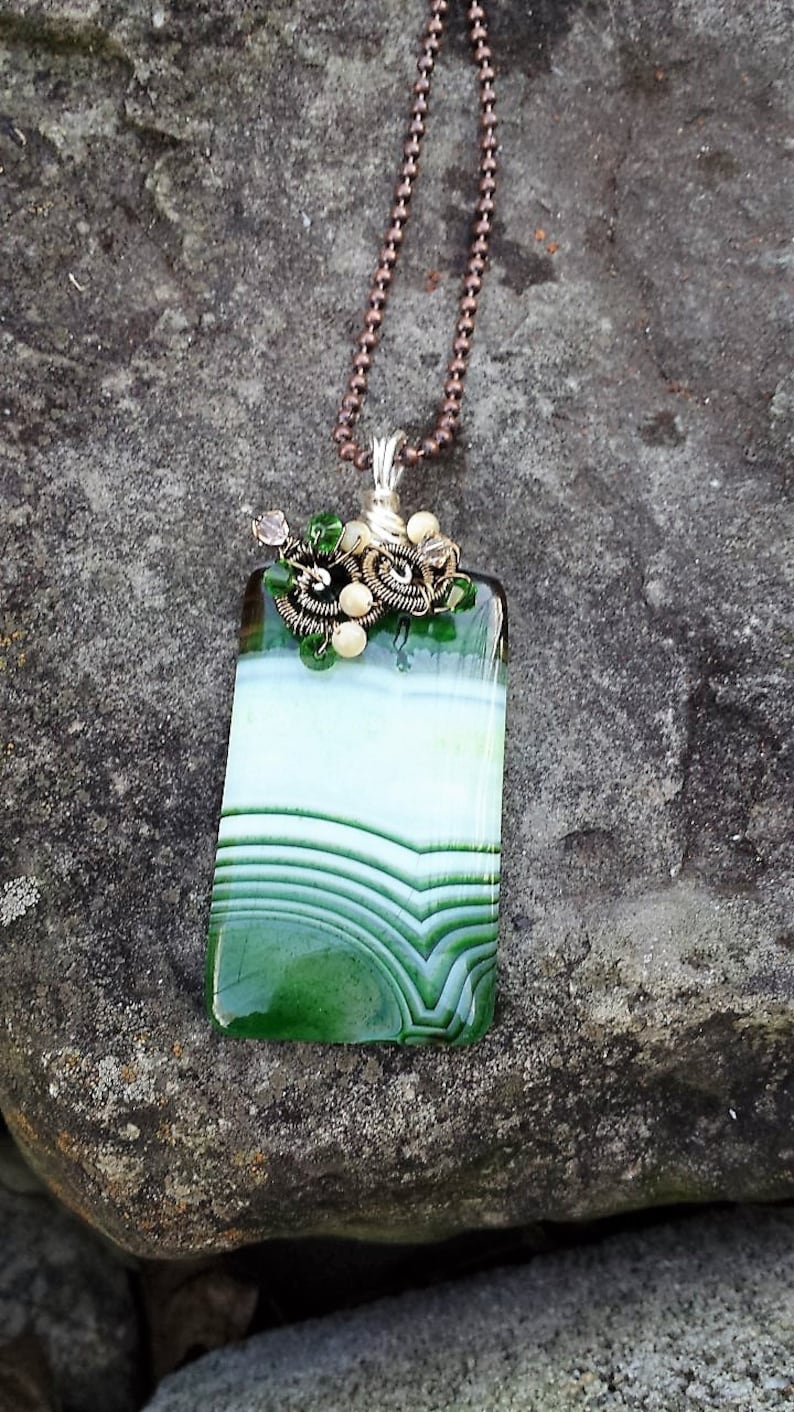 ST165 Green Onyx Agate Gemstone Pendant Handcrafted Necklace Wire Wrapped Mother of Pearl Moonfeathers Gems