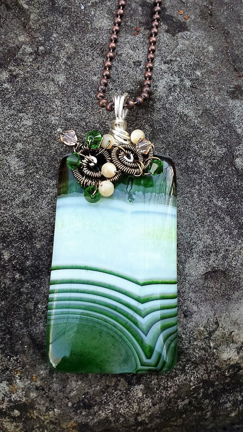 ST165 Green Onyx Agate Gemstone Pendant Handcrafted Necklace Wire Wrapped Mother of Pearl Moonfeathers Gems