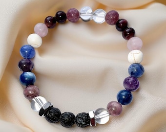 PTSD Relief, Lepiodolite Stretch Bracelet, Lava Difusser Bracelet, Genuine Stone Jewelry, Anxiety Support, Beaded Bracelet, Gemstone Jewelry