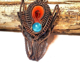 Dragon Necklace, Dragon Pendant w Red Jasper, Green Aventure, Wire Wrapped Pendant, Copper Wire, Handmade Gemstone Jewelry, Gift for Him DH7