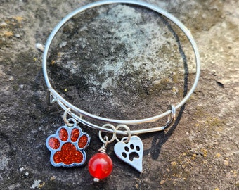 Rescue Bracelet - Charm Bracelet - Dog Bracelet - Dog Rescue Bracelet - Rescue Dog Bracelet - Paw Print - Dog Jewelry - Bangle Bracelet Red