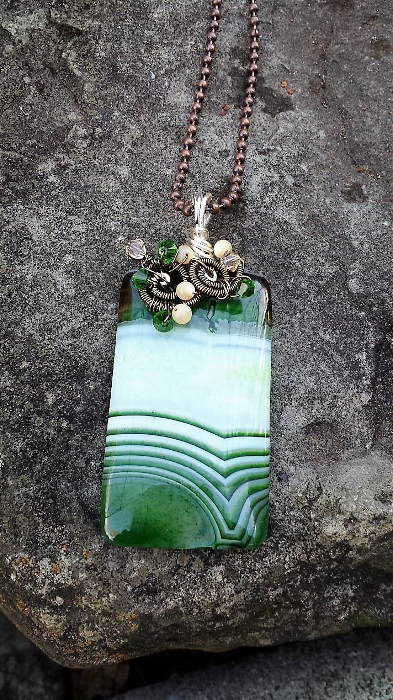 ST165 Green Onyx Agate Gemstone Pendant Handcrafted Necklace Wire Wrapped Mother of Pearl Moonfeathers Gems