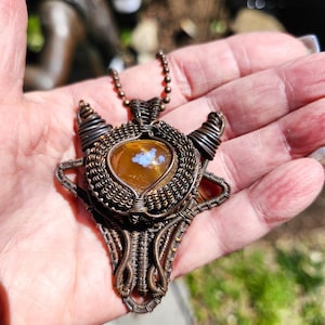 Hand-Wrapped Dragon Head Pendant, Tiger's Eye Gemstone, Patina Copper Wire Fantasy Jewelry