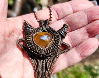Unisex Dragonhead Pendant, Tiger's Eye Gemstone Necklace, Copper Patina hand wire wrapped Fantasy Jewelry, Gemstone Jewelry, Healing Jewelry