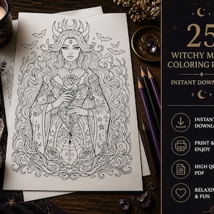May include: A black and white illustration of a woman holding a rose, with bats and crescent moons. The image is from a coloring book titled "Witchy Moon Coloring Pages". The image also includes the text "Instant Download".