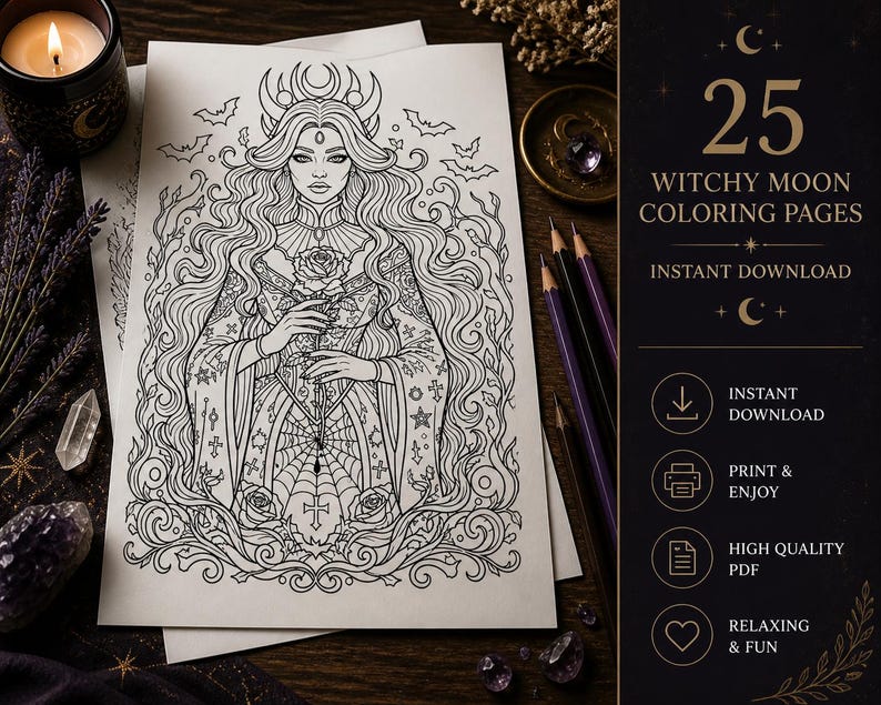 May include: A black and white illustration of a woman holding a rose, with bats and crescent moons. The image is from a coloring book titled "Witchy Moon Coloring Pages". The image also includes the text "Instant Download".