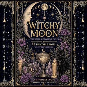 May include: Digital art print titled "Witchy Moon" with celestial elements. The design features a crescent moon, stars, flowers, a black cat, candles, and the text "Witchy Moon Celestial Coloring Pages". The print includes 25 printable pages.
