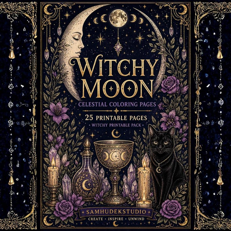May include: Digital art print titled "Witchy Moon" with celestial elements. The design features a crescent moon, stars, flowers, a black cat, candles, and the text "Witchy Moon Celestial Coloring Pages". The print includes 25 printable pages.