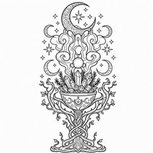 May include: Black and white illustration of a mystical chalice with crystals, herbs, and smoke, topped with a crescent moon and stars. The chalice is supported by a tree-like structure, with intricate details and celestial elements.