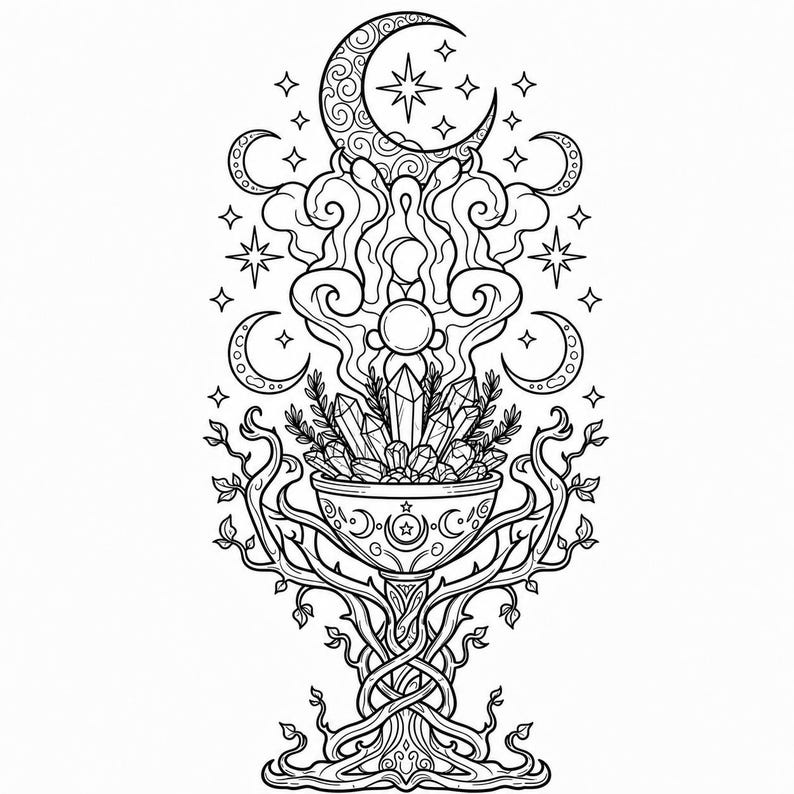 May include: Black and white illustration of a mystical chalice with crystals, herbs, and smoke, topped with a crescent moon and stars. The chalice is supported by a tree-like structure, with intricate details and celestial elements.