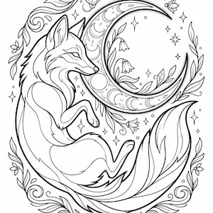 May include: Black and white illustration of a fox curled around a crescent moon. The design includes floral and star elements, creating a whimsical and celestial theme. The fox has detailed fur and a serene expression.