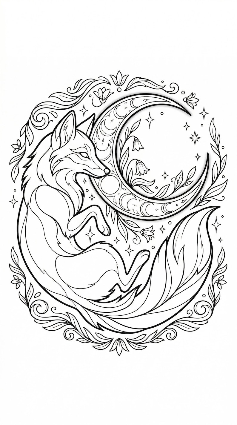 May include: Black and white illustration of a fox curled around a crescent moon. The design includes floral and star elements, creating a whimsical and celestial theme. The fox has detailed fur and a serene expression.