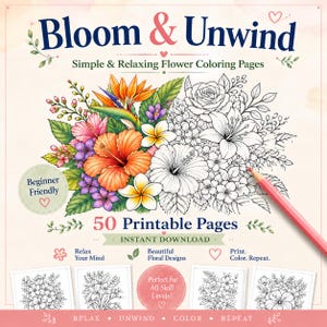 大人のための花の塗り絵 | 初心者向けの印刷可能なPDF、リラックスできる塗り絵、ソフトなブレンド練習