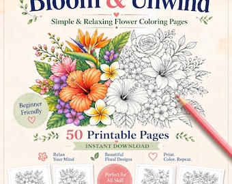 Flower Coloring Pages for Adults | Beginner Friendly Printable PDF, Relaxing Coloring, Soft Blending Practice