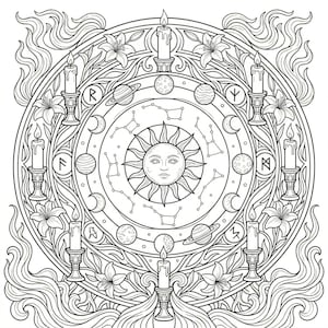 May include: Intricate black and white illustration of a circular design with celestial and floral elements. The central sun face is surrounded by planets, constellations, candles, and floral accents. The design includes runes and crescent moons.