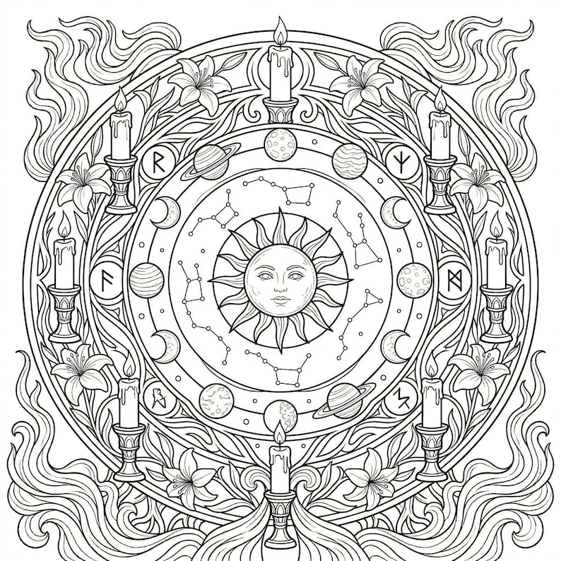 May include: Intricate black and white illustration of a circular design with celestial and floral elements. The central sun face is surrounded by planets, constellations, candles, and floral accents. The design includes runes and crescent moons.