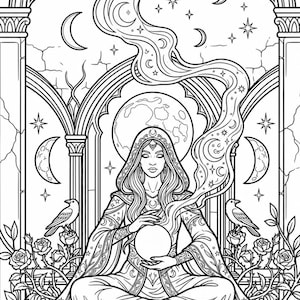 May include: Black and white illustration of a woman in a hooded robe, holding a crystal ball. The image features celestial elements like moons, stars, and flowing lines, with two birds perched on rose bushes. The woman is seated in a meditative pose.