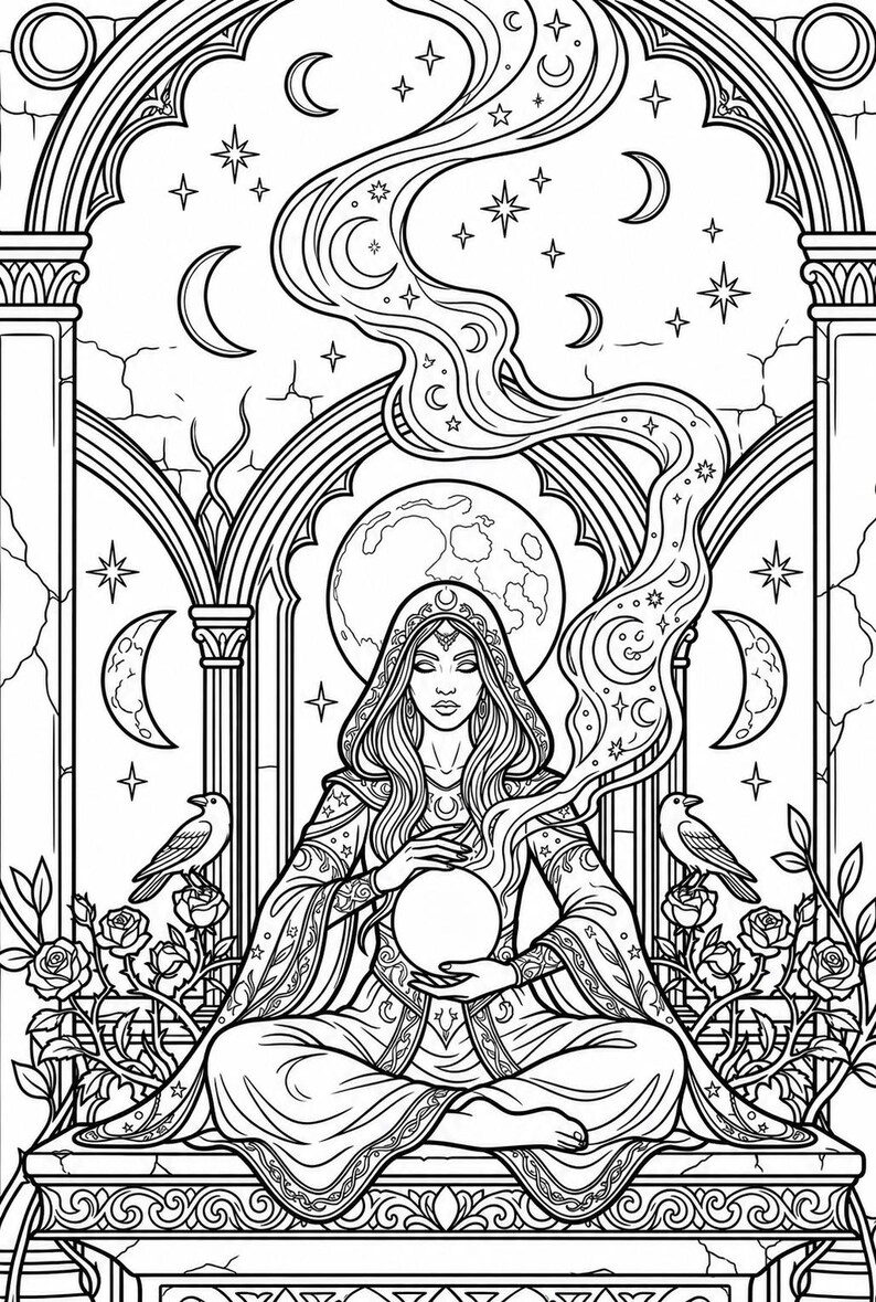 May include: Black and white illustration of a woman in a hooded robe, holding a crystal ball. The image features celestial elements like moons, stars, and flowing lines, with two birds perched on rose bushes. The woman is seated in a meditative pose.