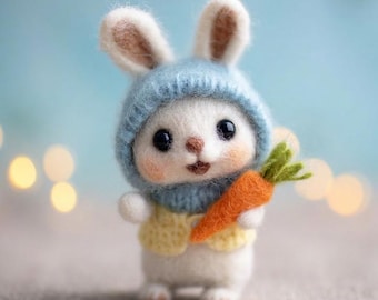 Handmade Needle Felt Rabbit, Cute Bunny Plush Decor, Cozy Woodland Ornament, Kawaii Aesthetic Gift