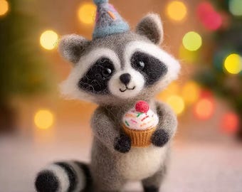 Schattige naaldvilt wasbeer, handgemaakt wollen dierendecor, kawaii kamerornament, cadeau voor dierenliefhebbers