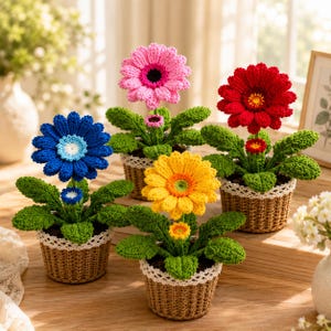 Crochet Gerbera Daisy in Pot, Handmade Flower Pot, Crochet Gerbera Flower, Office Desk Decor, Mother's Day Gift, Housewarming Gift
