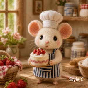 May include: A knitted mouse figure wearing a chef's hat and a blue and white striped apron, holding a small cake decorated with strawberries. The mouse has large eyes and pink cheeks. A basket of strawberries is in the foreground. The image is labelled "Style C".