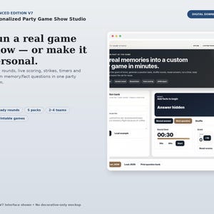 May include: A digital download for a Personalized Party Game Show Studio V7. The interface displays game show features including 50 ready rounds, 5 packs, 2-4 teams, and 25 printable games. The screen shows a question bank, round timer, and score.