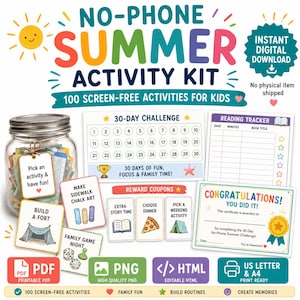 Puede incluir: Un kit de actividades digital titulado No-Phone Summer Activity Kit con 100 actividades sin pantalla para niños. Incluye un frasco de vidrio con tarjetas de actividades, un gráfico de desafío de 30 días, un rastreador de lectura, cupones y certificado.