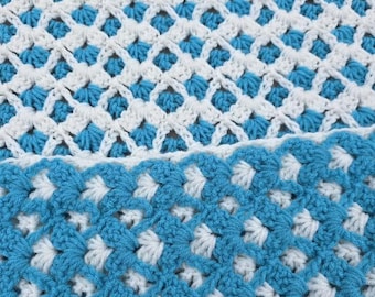 Crochet 2 Sided Baby Blanket, Blue & White Crib Size