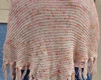 Hand Knit Merino Shawl, Peach Pink Yellow, Soft Warm Wrap