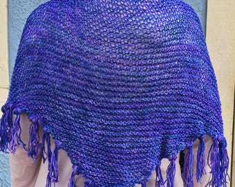 Hand Knit Merino Wool Shawl, Purple Blue